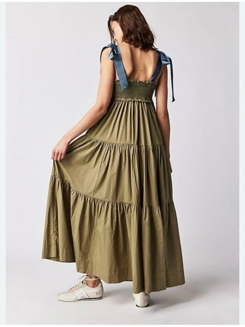 Free People Olive Green Maxi Dress with Blue Tie Straps - Picture 6 of 6